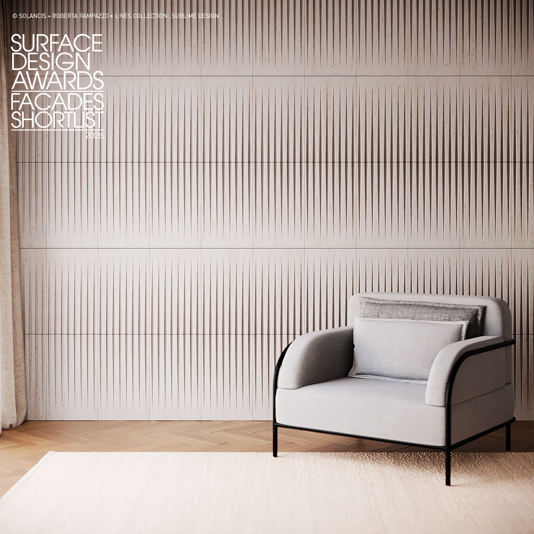 ©copyright SOLANCIS | designed by: Roberta Rampazzo name: Lines Collection, Sublime Design product: SOLANCIS Natural stone ventilated facade awards: Surface Design Awards, Façade Shortlist 2026