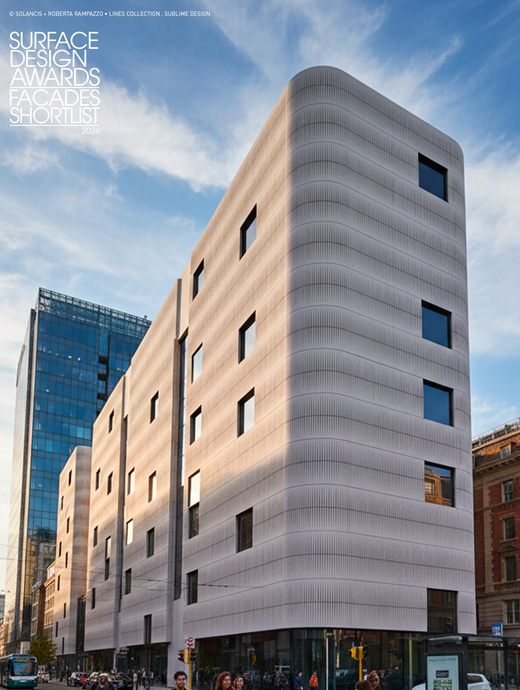 ©copyright SOLANCIS | designed by: Roberta Rampazzo name: Lines Collection, Sublime Design product: SOLANCIS Natural stone ventilated facade awards: Surface Design Awards, Façade Shortlist 2026